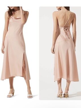 ASTR The Label Cowl Midi Slip Dress Blush Pink Satin Leg Slit Open Back Size L
